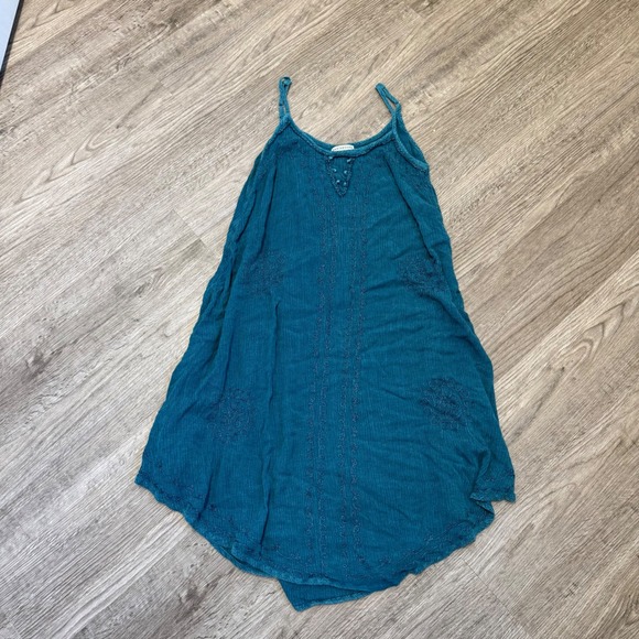 Earthbound Trading Co Womens Teal Blue Embroidered Rayon Mini Dress Small Boho - Picture 4 of 8